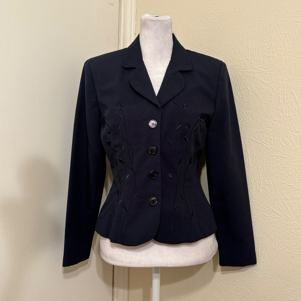 Positive Attitude Petite Navy Blue Floral Embroidered Button Front Blazer Size 6